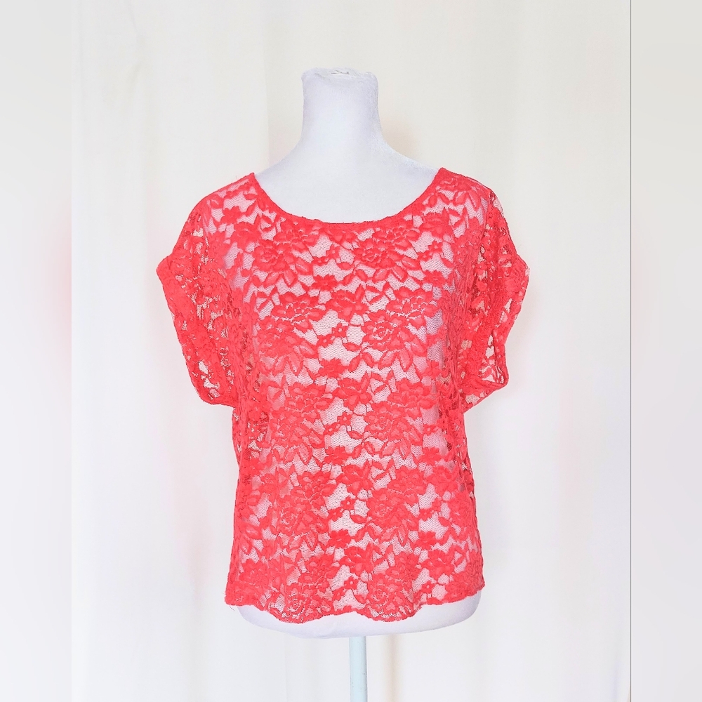 Aerie Sheer All Lace Short Sleeve Top Size Small Pink Floral